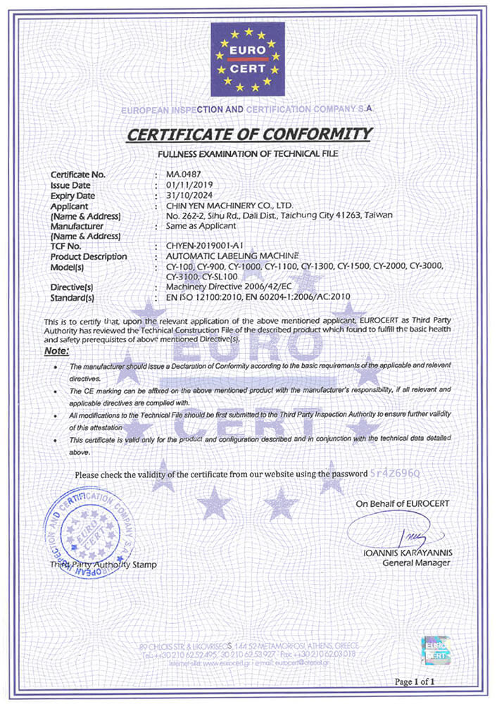 CE Certificate of Conformity for Chin Yen's Automatic Labeling Machines.